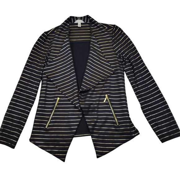 Soma Black Gold Stripe Open Waterfall French Terry Cardigan Jacket Womens Small - Picture 1 of 6